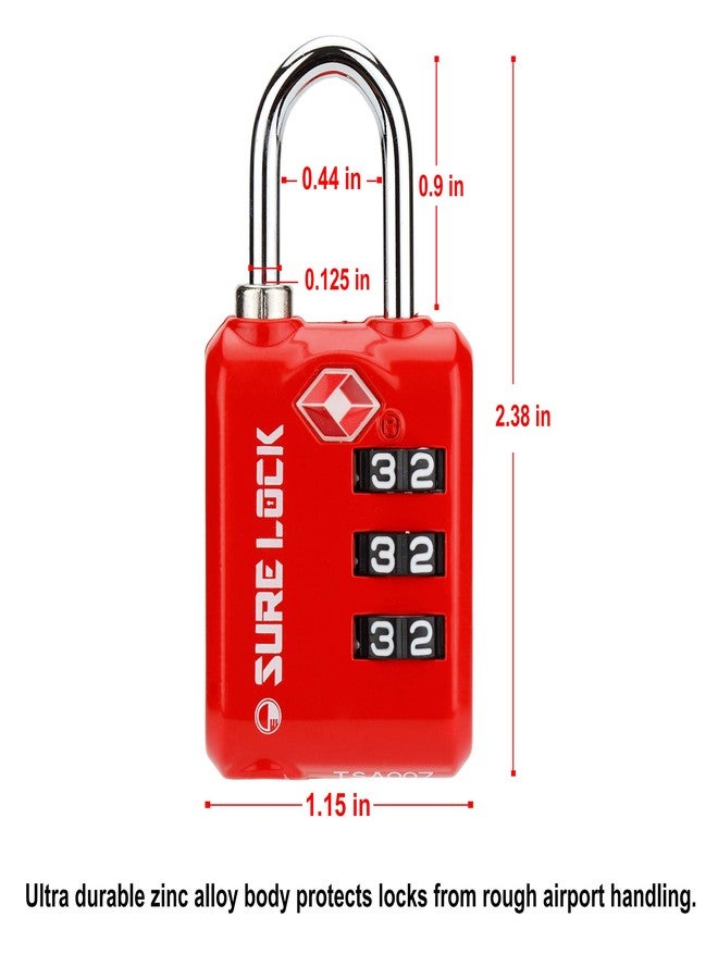 SURE LOCK TSA Approved 3 Digit Luggage Locks with Zinc Alloy Body and Hardened Steel Shackle to Lock Travel Suitcase (RED 2 Pack) - Image 4